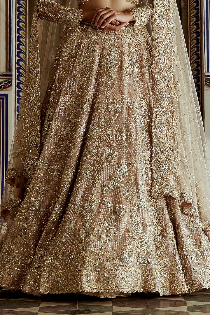 Champagne Gold Net Sequins & Dabka Embroidered Bridal Lehenga Set by NITIKA GUJRAL at Pernia's Pop Up Shop