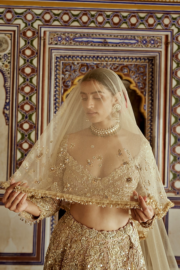 Champagne Gold Net Sequins & Dabka Embroidered Bridal Lehenga Set by NITIKA GUJRAL at Pernia's Pop Up Shop