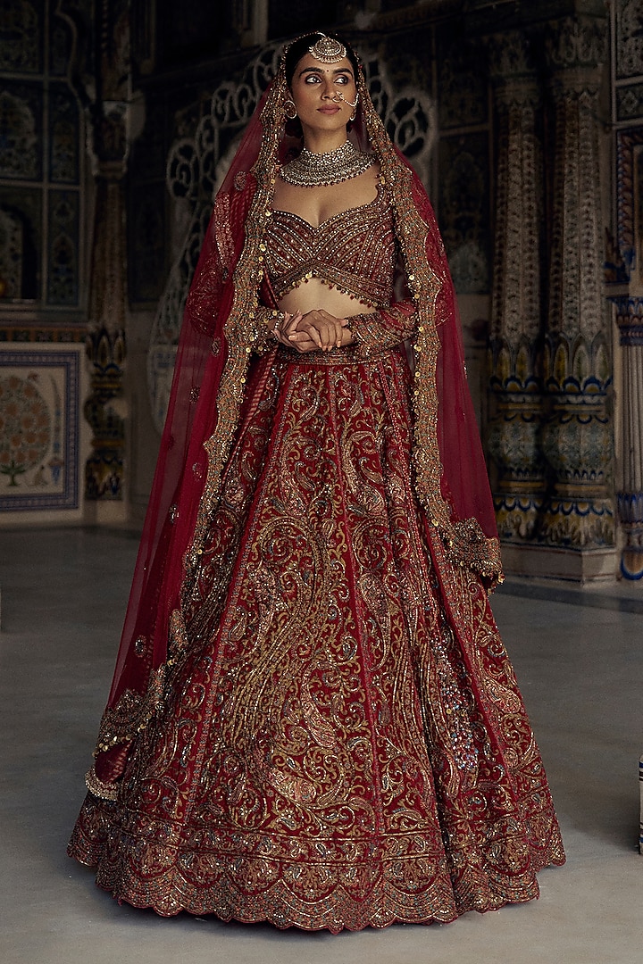 Red Raw Silk Dabka & Sequins Embroidered Lehenga Set by NITIKA GUJRAL