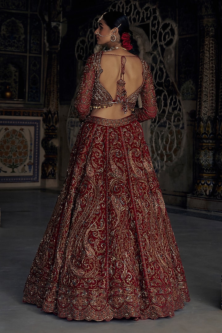 Red Raw Silk Dabka & Sequins Embroidered Bridal Lehenga Set by NITIKA GUJRAL at Pernia's Pop Up Shop