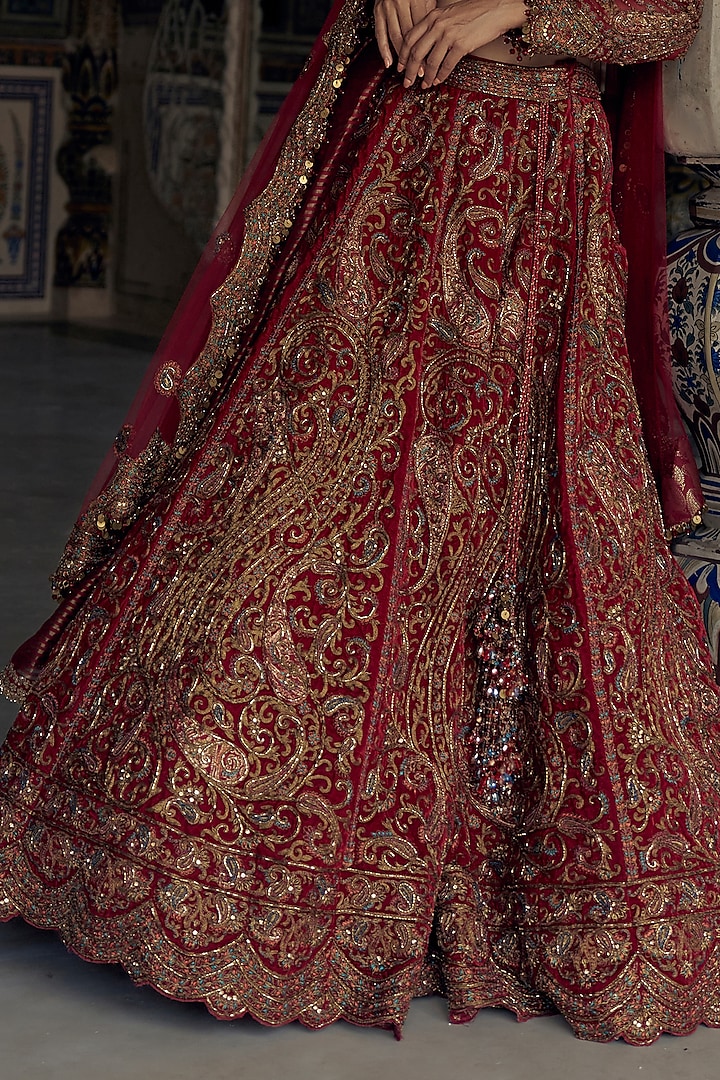 Red Raw Silk Dabka & Sequins Embroidered Bridal Lehenga Set by NITIKA GUJRAL at Pernia's Pop Up Shop