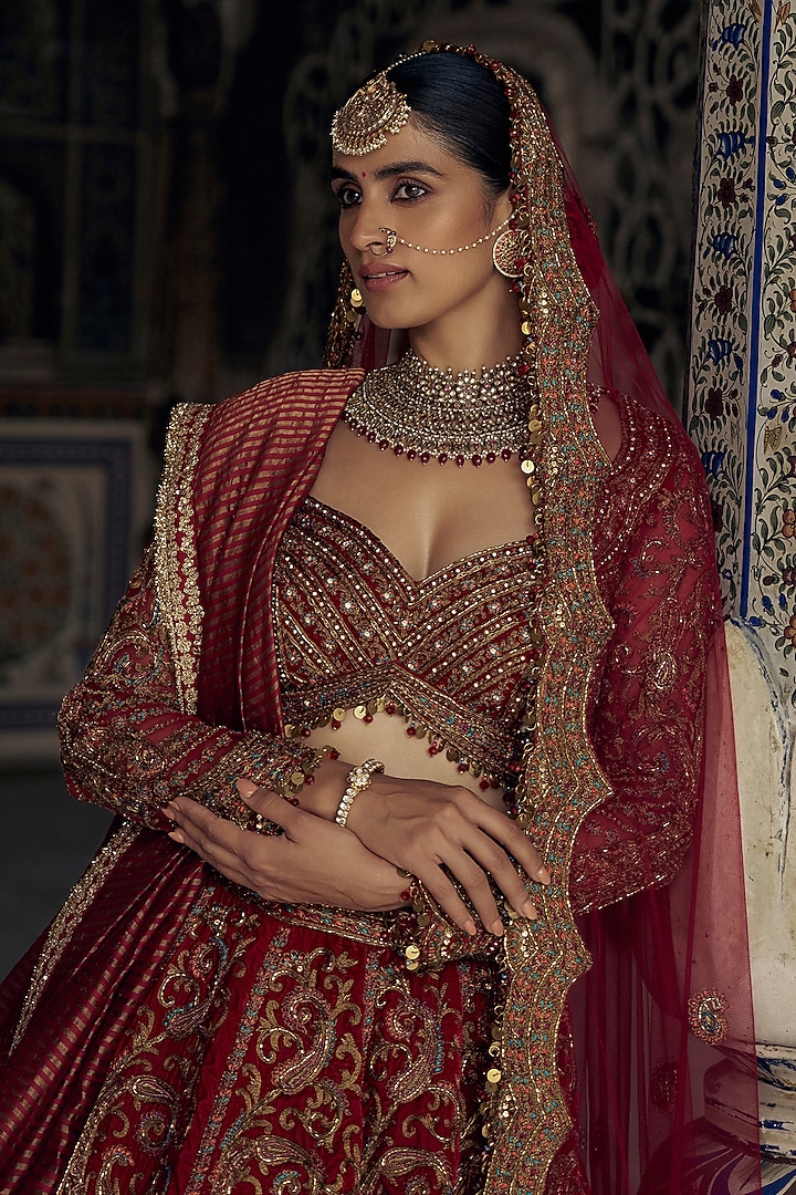 Red Raw Silk Dabka & Sequins Embroidered Bridal Lehenga Set by NITIKA GUJRAL at Pernia's Pop Up Shop