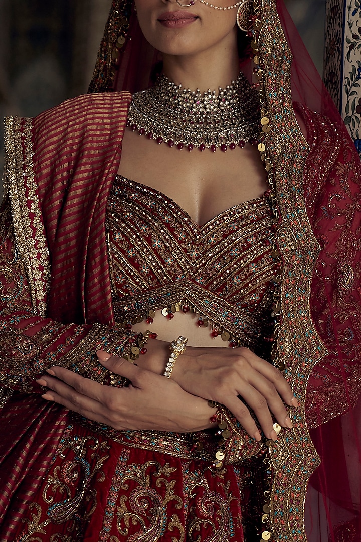 Red Raw Silk Dabka & Sequins Embroidered Bridal Lehenga Set by NITIKA GUJRAL at Pernia's Pop Up Shop