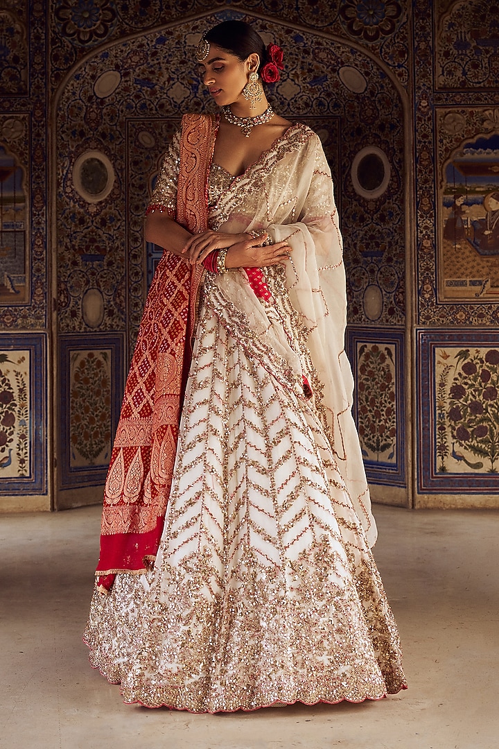 Ivory Organza Resham & Dabka Embroidered Lehenga Set by NITIKA GUJRAL