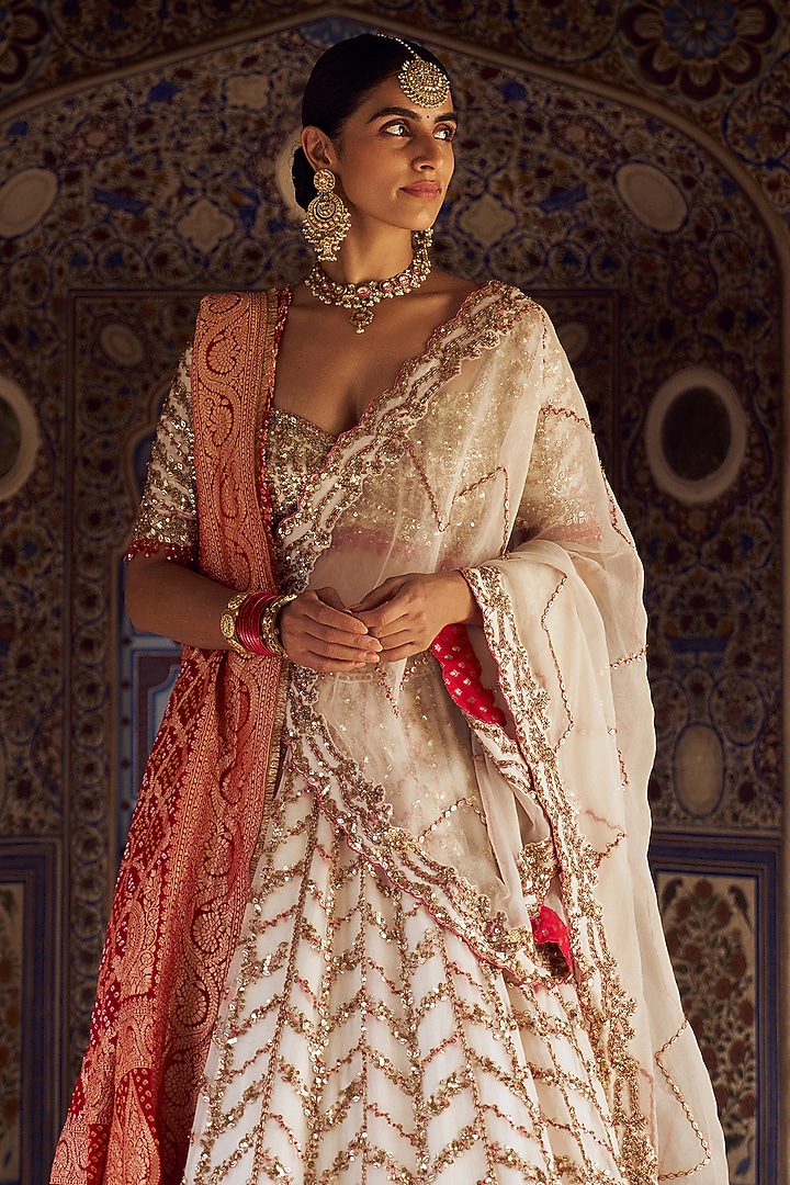 Ivory Organza Resham & Dabka Embroidered Bridal Lehenga Set by NITIKA GUJRAL at Pernia's Pop Up Shop