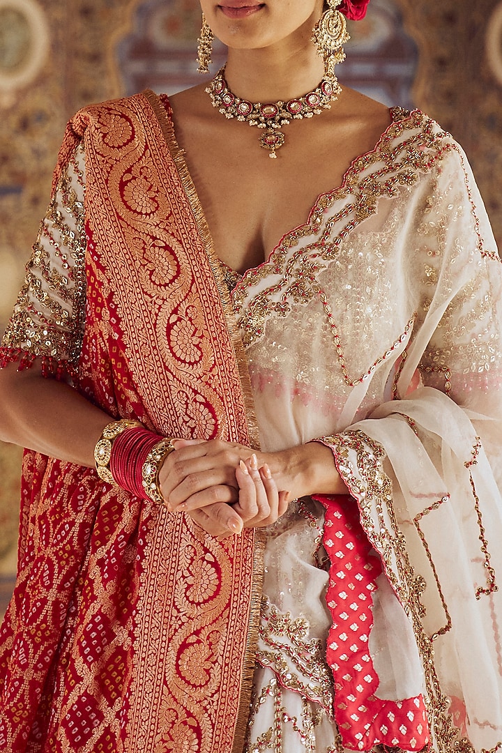 Ivory Organza Resham & Dabka Embroidered Bridal Lehenga Set by NITIKA GUJRAL at Pernia's Pop Up Shop