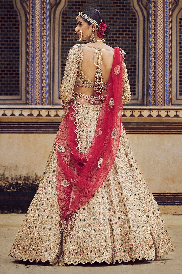 Gold Tissue Dabka & Sequins Embroidered Bridal Lehenga Set by NITIKA GUJRAL at Pernia's Pop Up Shop