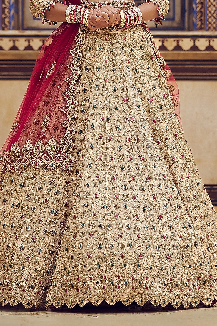 Gold Tissue Dabka & Sequins Embroidered Bridal Lehenga Set by NITIKA GUJRAL at Pernia's Pop Up Shop
