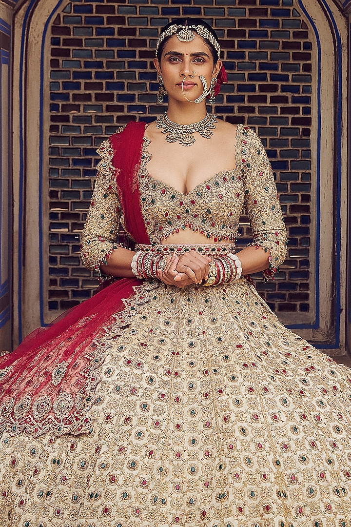 Gold Tissue Dabka & Sequins Embroidered Bridal Lehenga Set by NITIKA GUJRAL at Pernia's Pop Up Shop