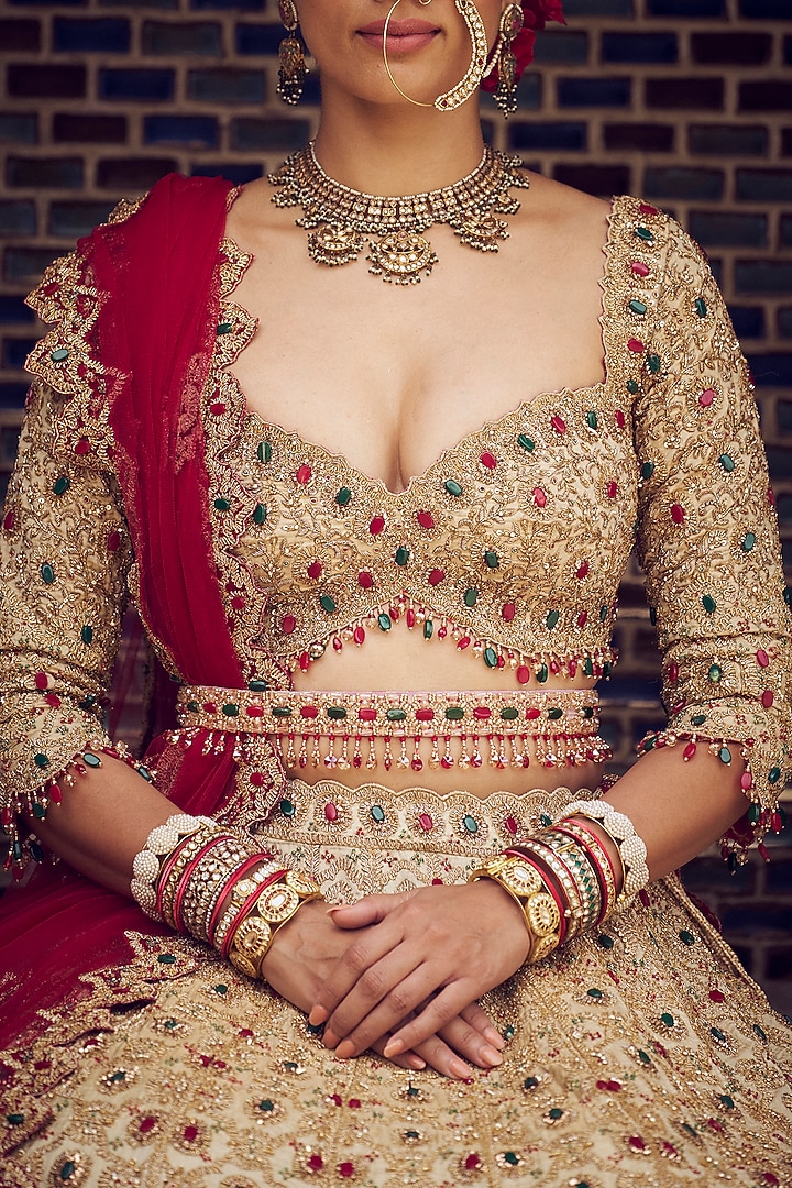 Gold Tissue Dabka & Sequins Embroidered Bridal Lehenga Set by NITIKA GUJRAL at Pernia's Pop Up Shop