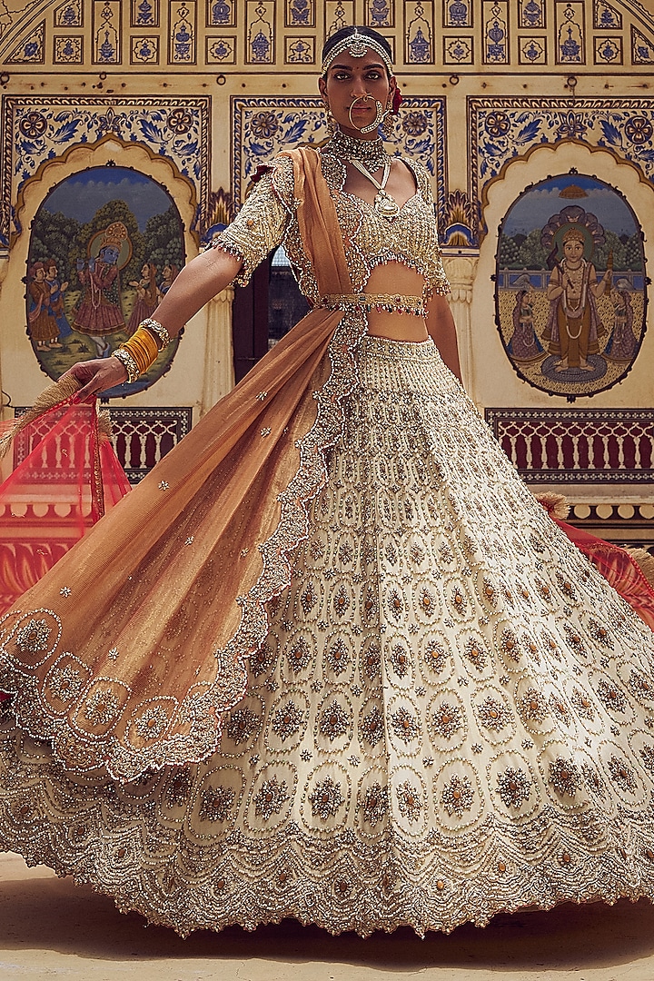 Gold Tissue Dabka & Crystal Embroidered Lehenga Set by NITIKA GUJRAL