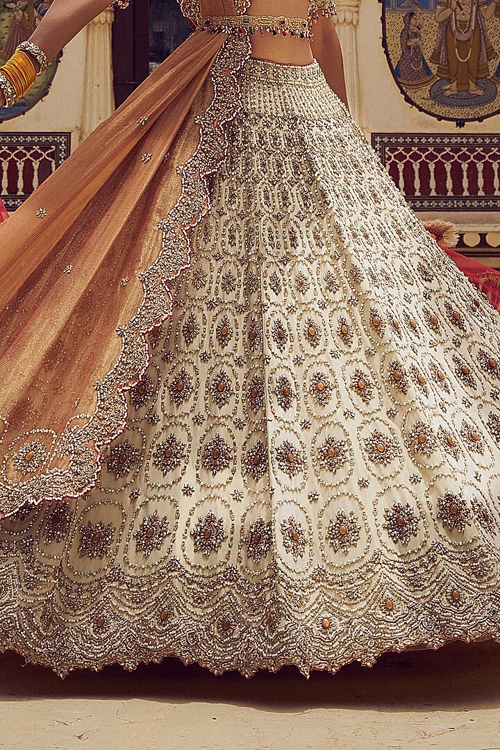Gold Tissue Dabka & Crystal Embroidered Bridal Lehenga Set by NITIKA GUJRAL at Pernia's Pop Up Shop