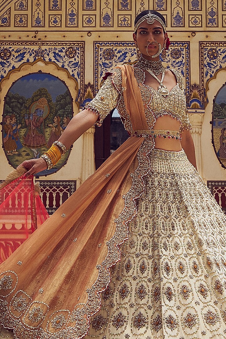 Gold Tissue Dabka & Crystal Embroidered Bridal Lehenga Set by NITIKA GUJRAL at Pernia's Pop Up Shop