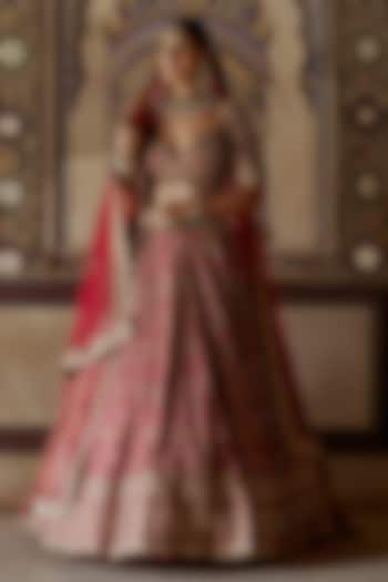 Red Raw Silk Kasab & Dabka Embroidered Lehenga Set by NITIKA GUJRAL