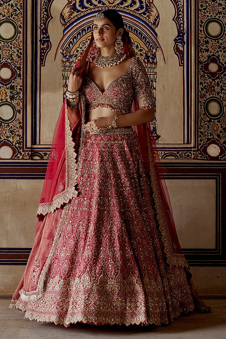 Red Raw Silk Kasab & Dabka Embroidered Lehenga Set by NITIKA GUJRAL