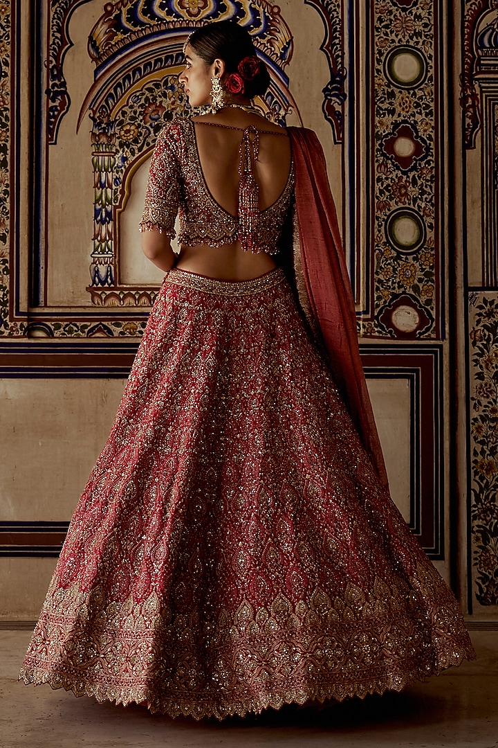 Red Raw Silk Kasab & Dabka Embroidered Bridal Lehenga Set by NITIKA GUJRAL at Pernia's Pop Up Shop