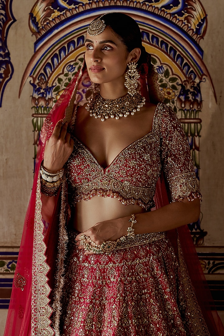 Red Raw Silk Kasab & Dabka Embroidered Bridal Lehenga Set by NITIKA GUJRAL at Pernia's Pop Up Shop