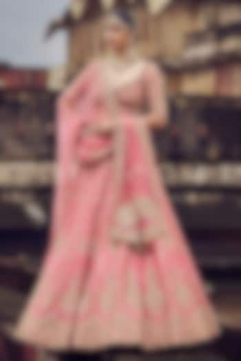 Rose Pink Raw Silk Kasab & Dabka Embroidered Bridal Lehenga Set by NITIKA GUJRAL at Pernia's Pop Up Shop