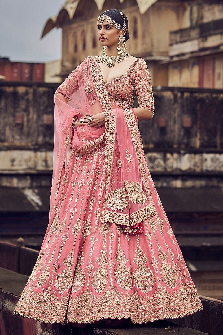 Rose Pink Raw Silk Kasab & Dabka Embroidered Bridal Lehenga Set by NITIKA GUJRAL at Pernia's Pop Up Shop