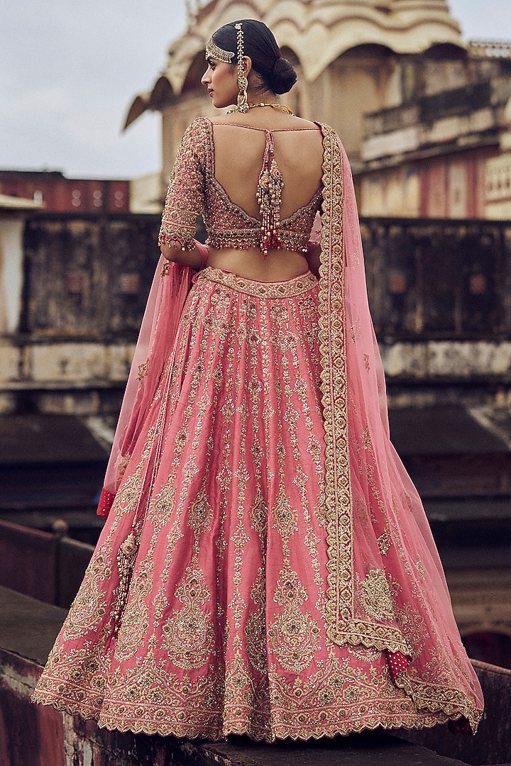 Rose Pink Raw Silk Kasab & Dabka Embroidered Bridal Lehenga Set by NITIKA GUJRAL at Pernia's Pop Up Shop
