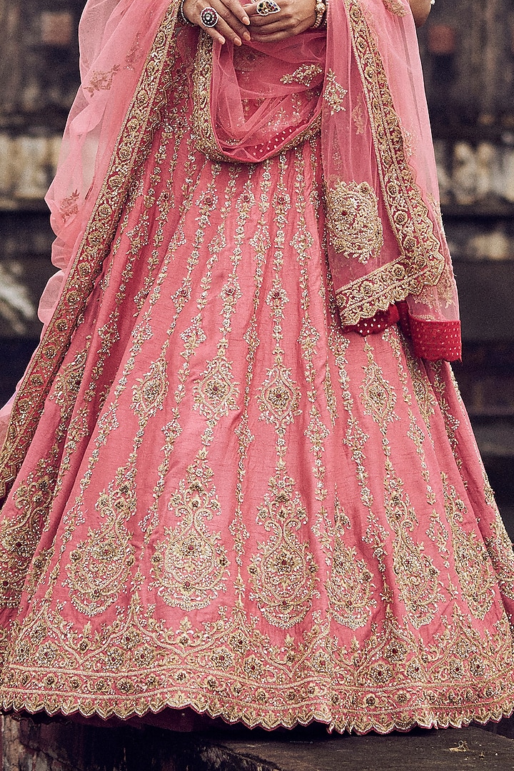 Rose Pink Raw Silk Kasab & Dabka Embroidered Bridal Lehenga Set by NITIKA GUJRAL at Pernia's Pop Up Shop