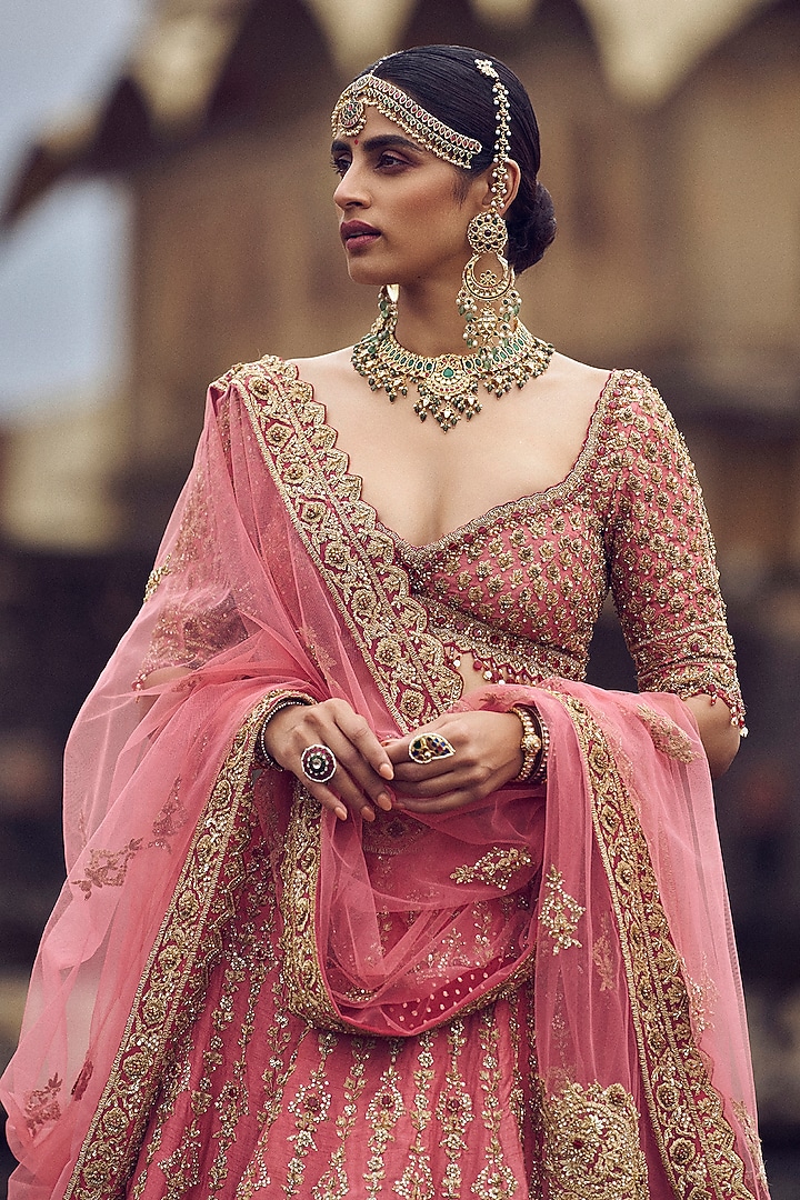 Rose Pink Raw Silk Kasab & Dabka Embroidered Bridal Lehenga Set by NITIKA GUJRAL at Pernia's Pop Up Shop