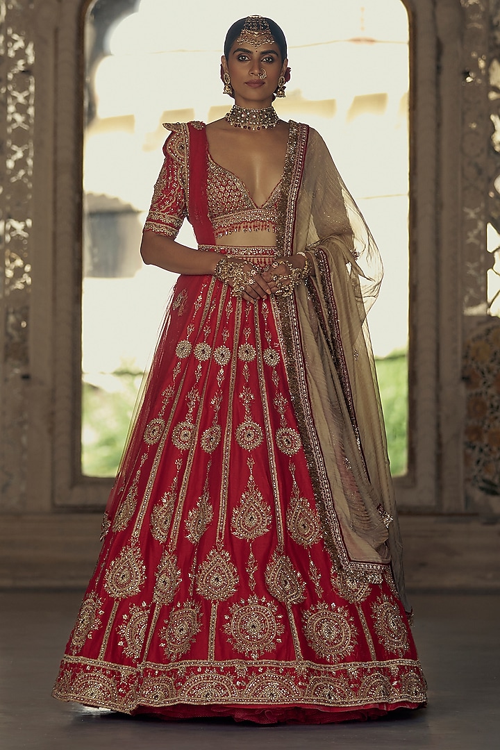 Red Raw Silk Sequins & Dabka Embroidered Bridal Lehenga Set by NITIKA GUJRAL at Pernia's Pop Up Shop