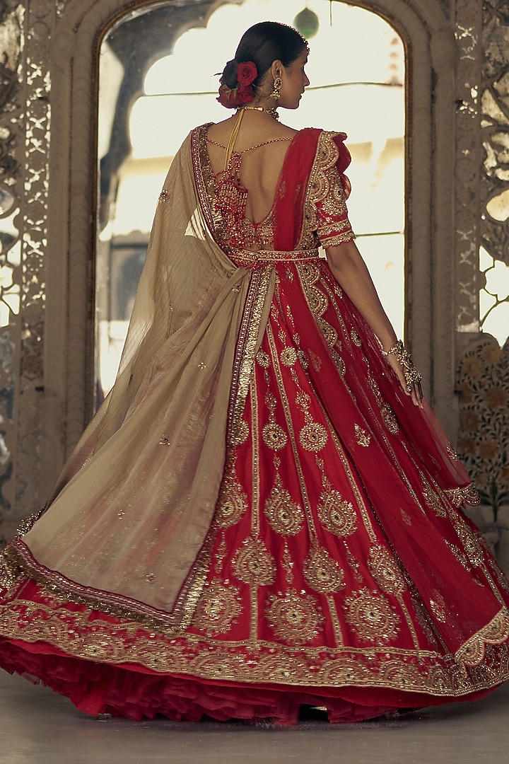 Red Raw Silk Sequins & Dabka Embroidered Bridal Lehenga Set by NITIKA GUJRAL at Pernia's Pop Up Shop