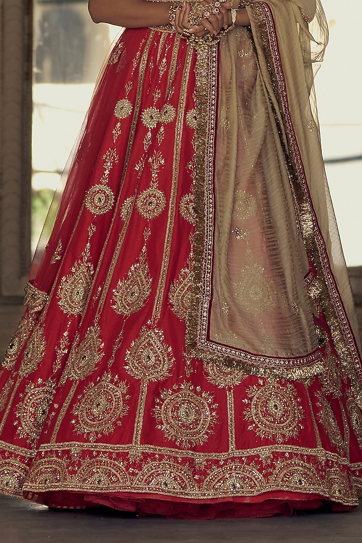 Red Raw Silk Sequins & Dabka Embroidered Bridal Lehenga Set by NITIKA GUJRAL at Pernia's Pop Up Shop