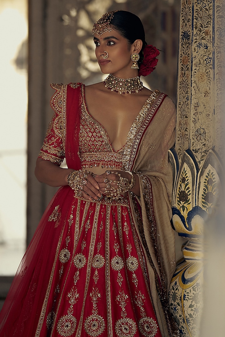 Red Raw Silk Sequins & Dabka Embroidered Bridal Lehenga Set by NITIKA GUJRAL at Pernia's Pop Up Shop
