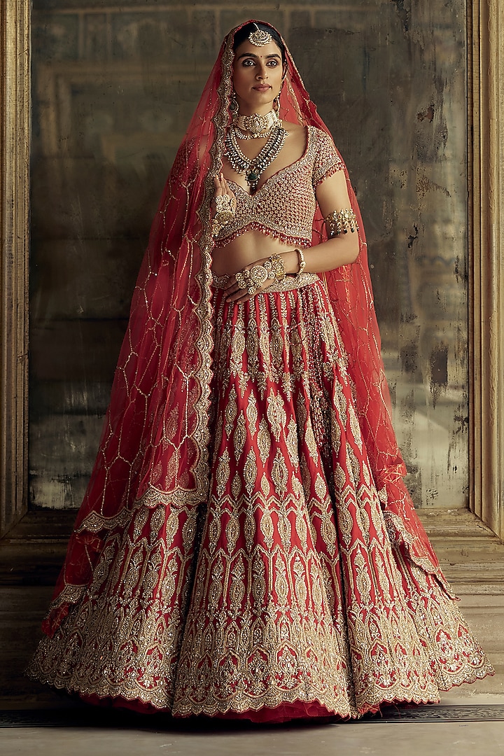 Red Raw Silk Sequins & Dabka Embroidered Bridal Lehenga Set by NITIKA GUJRAL at Pernia's Pop Up Shop