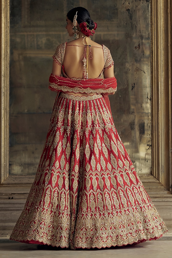 Red Raw Silk Sequins & Dabka Embroidered Bridal Lehenga Set by NITIKA GUJRAL at Pernia's Pop Up Shop