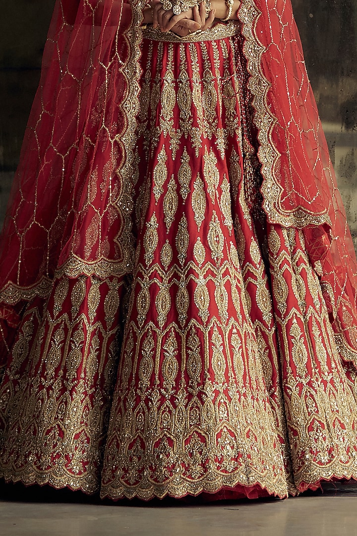 Red Raw Silk Sequins & Dabka Embroidered Bridal Lehenga Set by NITIKA GUJRAL at Pernia's Pop Up Shop