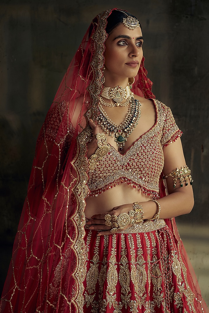 Red Raw Silk Sequins & Dabka Embroidered Bridal Lehenga Set by NITIKA GUJRAL at Pernia's Pop Up Shop