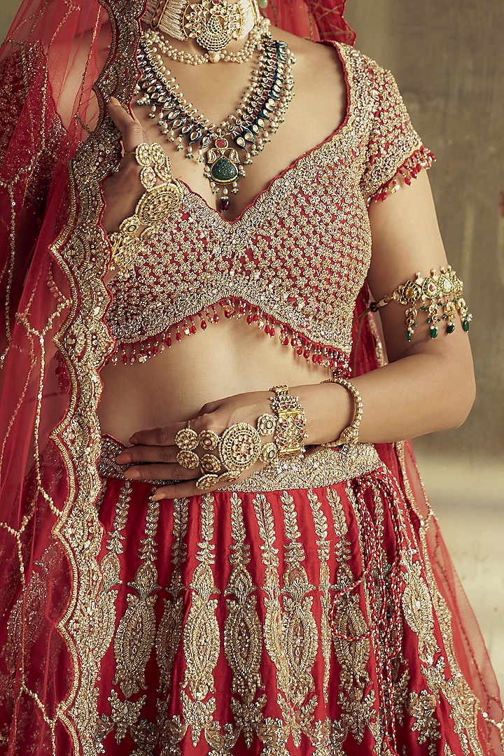 Red Raw Silk Sequins & Dabka Embroidered Bridal Lehenga Set by NITIKA GUJRAL at Pernia's Pop Up Shop