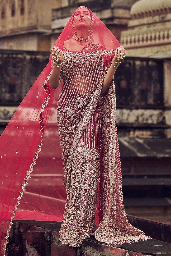 Maroon Net Dabka & Sequins Embroidered Saree Set by NITIKA GUJRAL at Pernia's Pop Up Shop