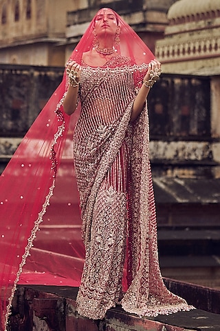Maroon Net Dabka & Sequins Embroidered Saree Set by NITIKA GUJRAL
