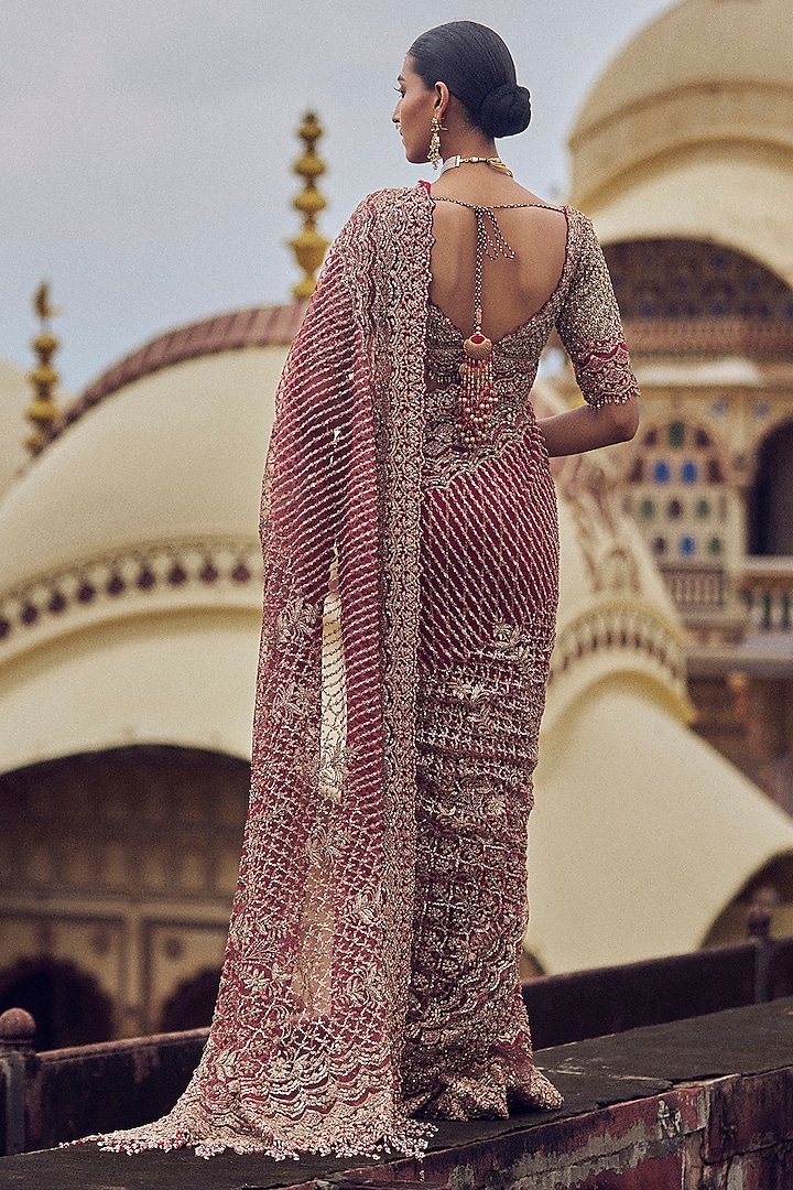 Maroon Net Dabka & Sequins Embroidered Bridal Saree Set by NITIKA GUJRAL at Pernia's Pop Up Shop