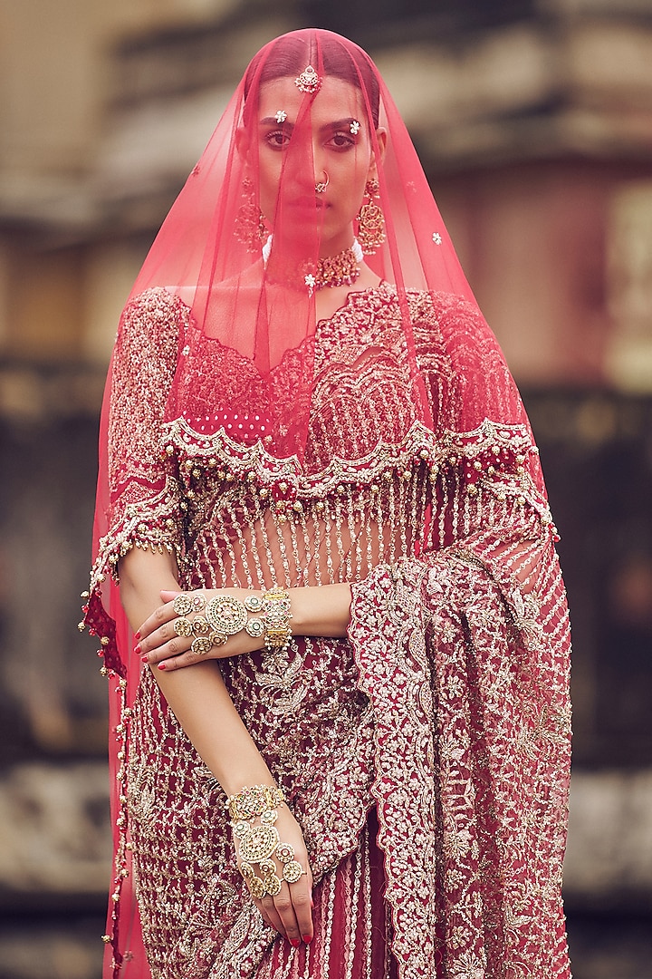 Maroon Net Dabka & Sequins Embroidered Bridal Saree Set by NITIKA GUJRAL at Pernia's Pop Up Shop