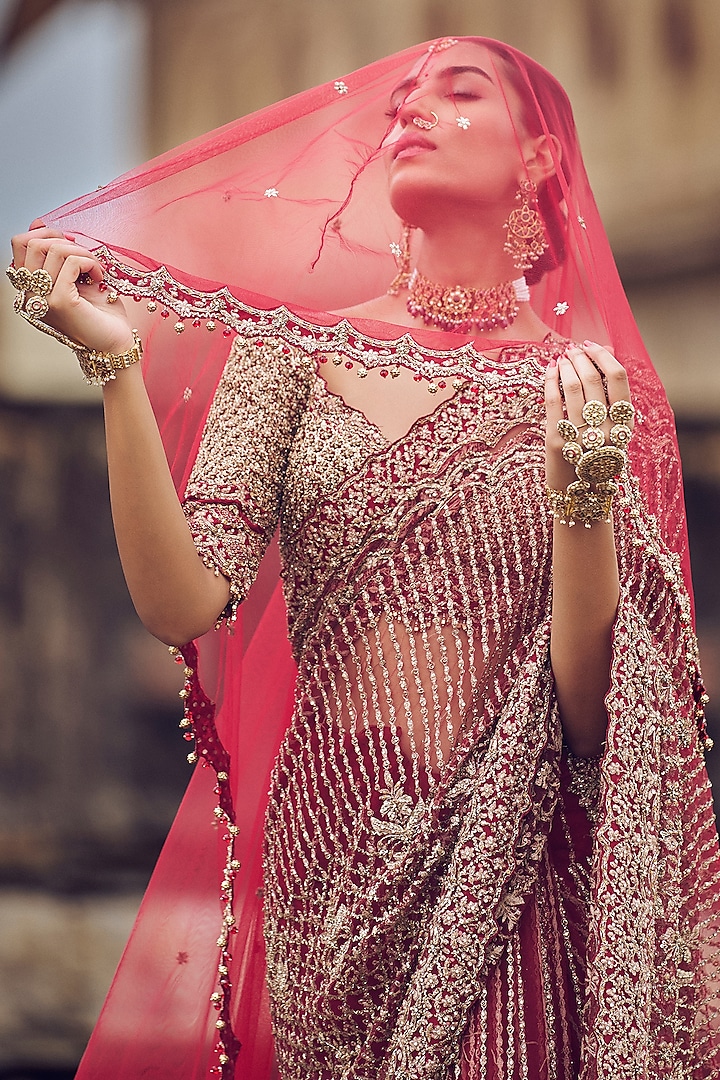 Maroon Net Dabka & Sequins Embroidered Bridal Saree Set by NITIKA GUJRAL at Pernia's Pop Up Shop