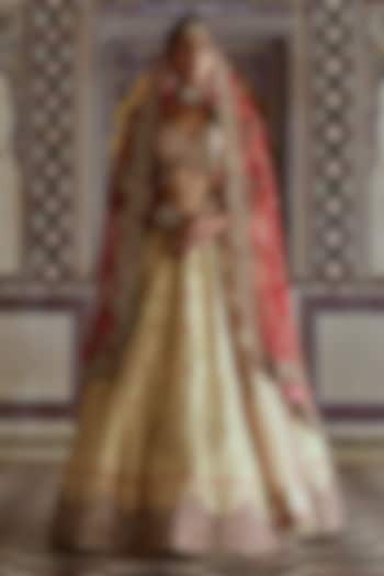 Gold Woven Banarasi Dabka & Crystal Embroidered Bridal Lehenga Set by NITIKA GUJRAL at Pernia's Pop Up Shop