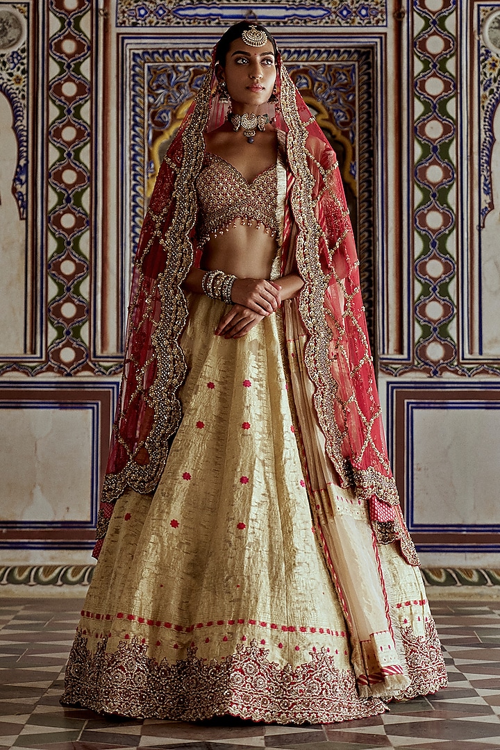 Gold Woven Banarasi Dabka & Crystal Embroidered Bridal Lehenga Set by NITIKA GUJRAL at Pernia's Pop Up Shop