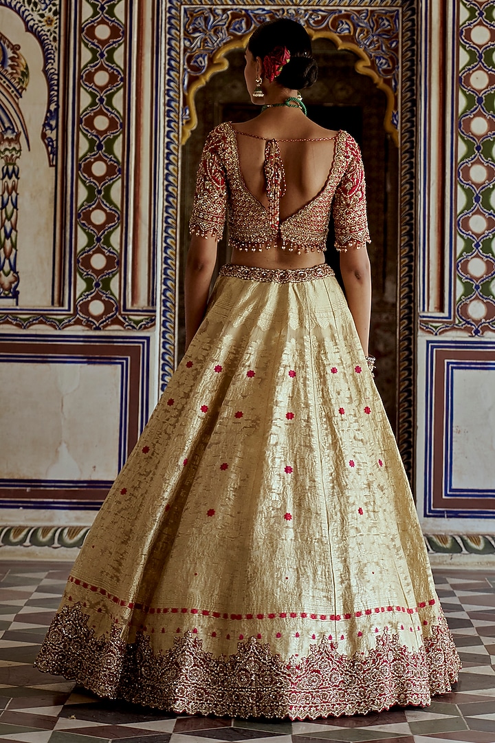 Gold Woven Banarasi Dabka & Crystal Embroidered Bridal Lehenga Set by NITIKA GUJRAL at Pernia's Pop Up Shop