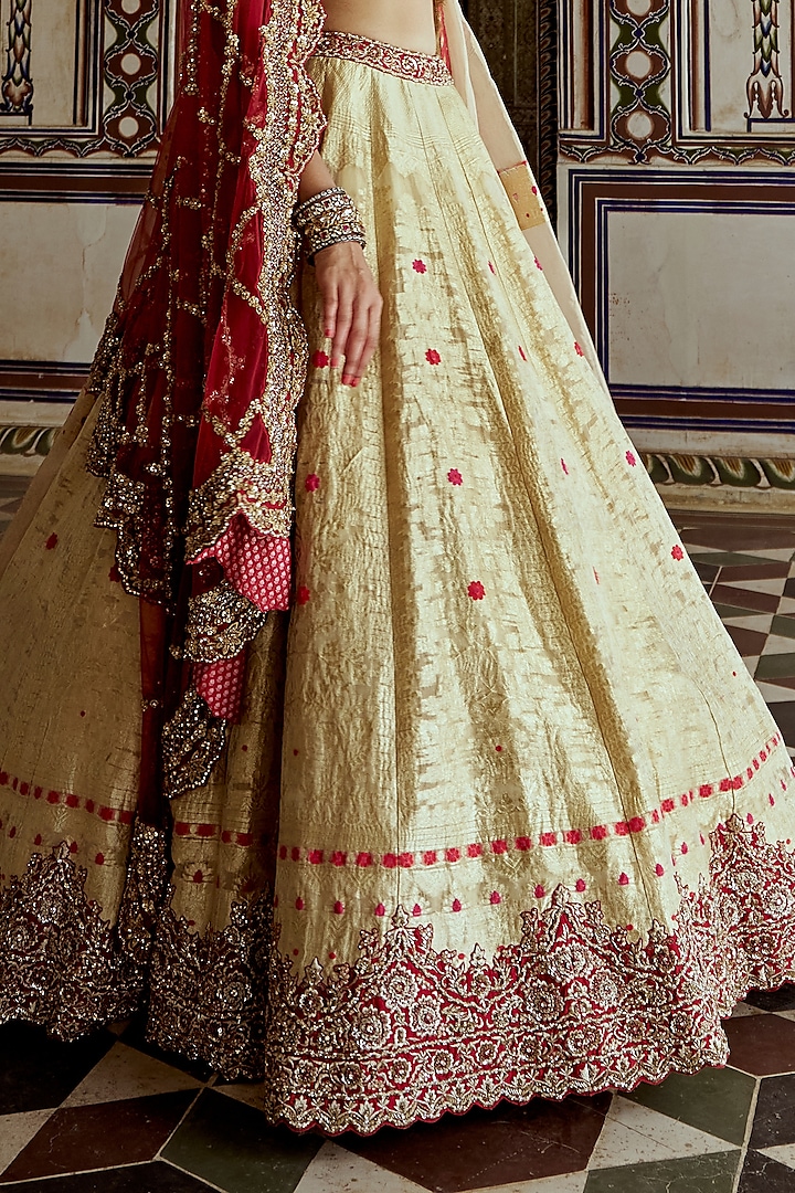 Gold Woven Banarasi Dabka & Crystal Embroidered Bridal Lehenga Set by NITIKA GUJRAL at Pernia's Pop Up Shop