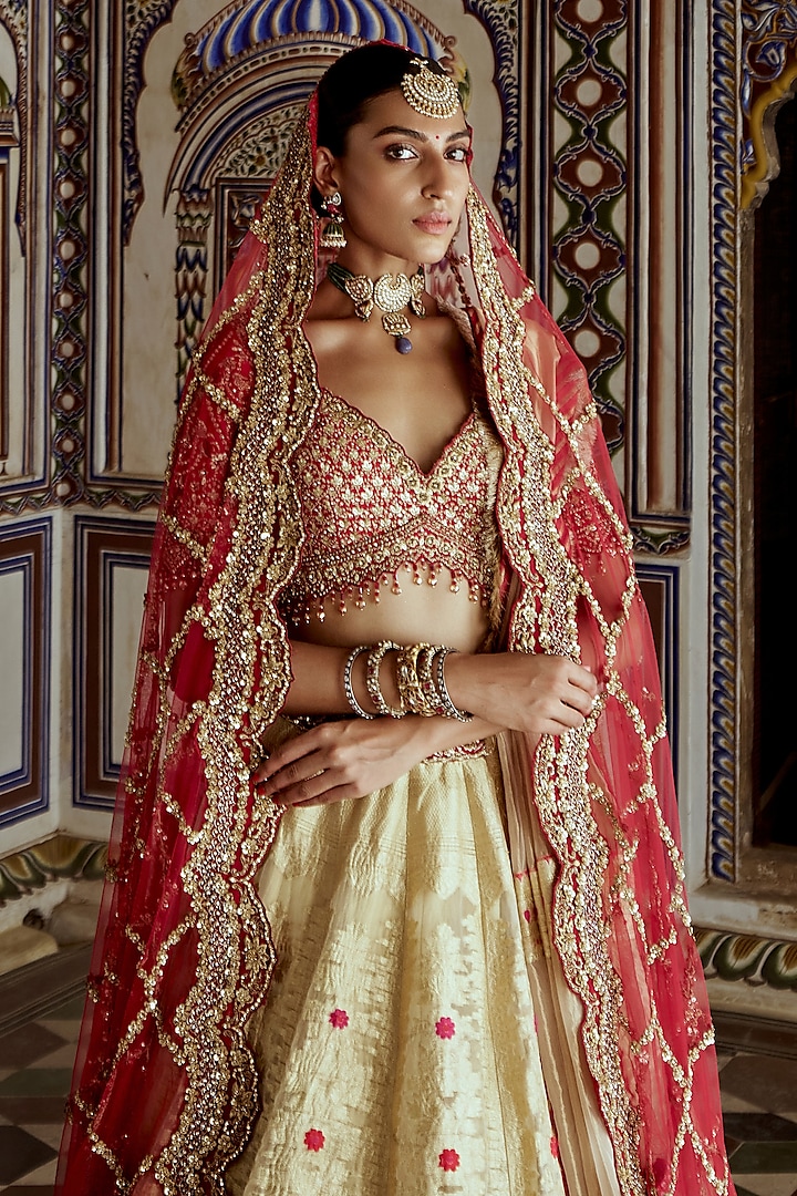 Gold Woven Banarasi Dabka & Crystal Embroidered Bridal Lehenga Set by NITIKA GUJRAL at Pernia's Pop Up Shop