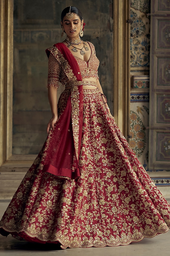 Deep Red Raw Silk Sequins & Dabka Embroidered Bridal Lehenga Set by NITIKA GUJRAL at Pernia's Pop Up Shop