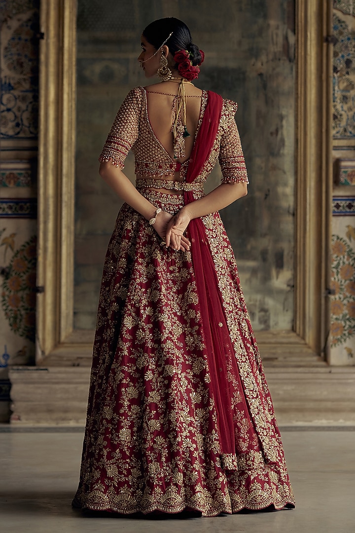Deep Red Raw Silk Sequins & Dabka Embroidered Bridal Lehenga Set by NITIKA GUJRAL at Pernia's Pop Up Shop