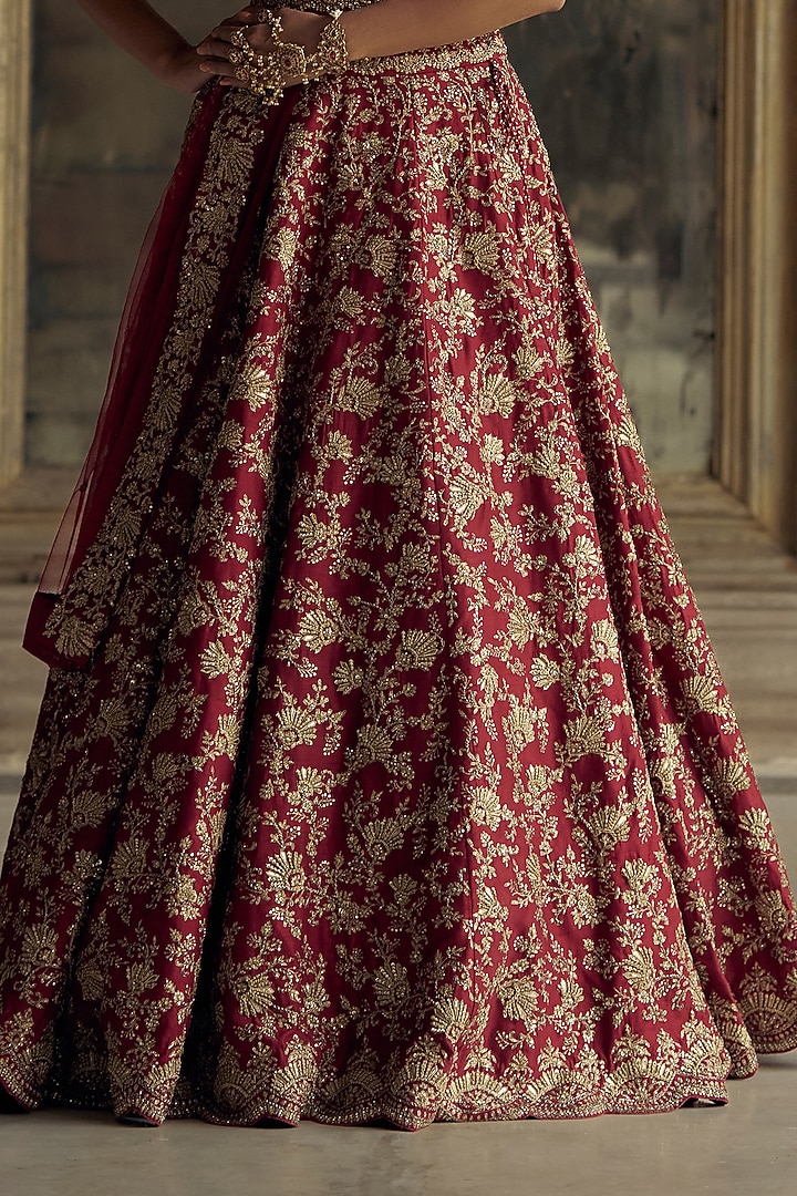 Deep Red Raw Silk Sequins & Dabka Embroidered Bridal Lehenga Set by NITIKA GUJRAL at Pernia's Pop Up Shop