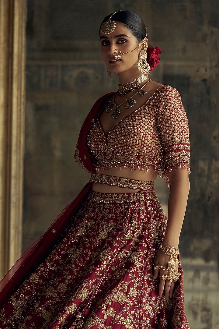 Deep Red Raw Silk Sequins & Dabka Embroidered Bridal Lehenga Set by NITIKA GUJRAL at Pernia's Pop Up Shop