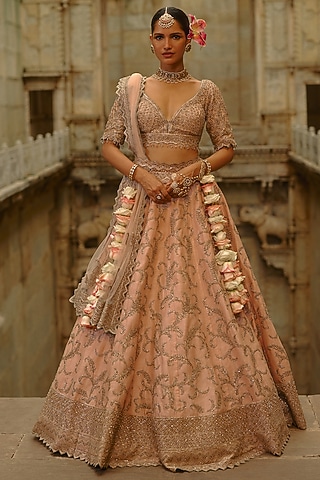 Peach Raw Silk Sequins Embroidered Lehenga Set by NITIKA GUJRAL